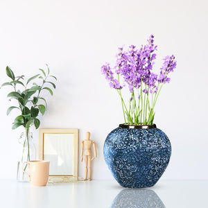 SOGA 21x22cm Blue with White Mini Floral Small Ceramic Flower Vase Elegant Living Room Home Decor