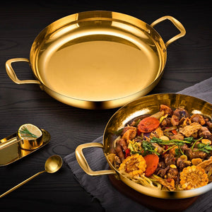 SOGA 32cm Flat Base Seafood Dry Pot in Elegant Gold Color with Durable for Kitchen Essential