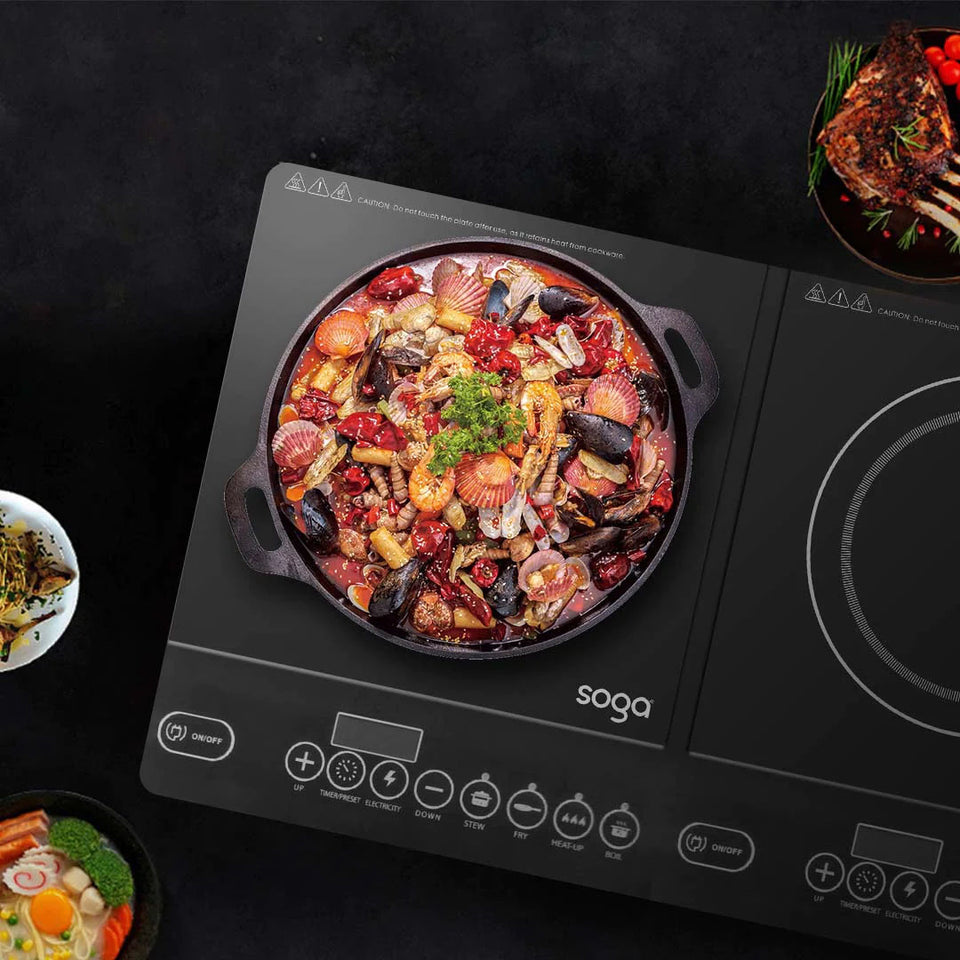 SOGA Dual Burners Cooktop Stove 30cm Cast Iron Frying Pan Skillet and 30cm Induction Casserole