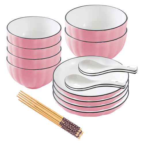 SOGA Pink Japanese Style Ceramic Dinnerware Crockery Soup Bowl Plate Server Kitchen Home Decor Set of 10