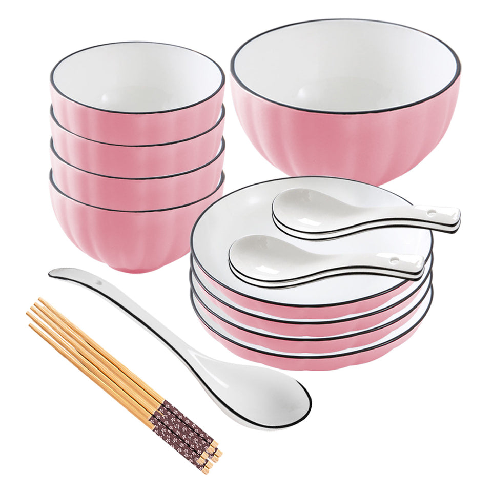 SOGA Pink Japanese Style Ceramic Dinnerware Crockery Soup Bowl Plate Server Kitchen Home Decor Set of 9