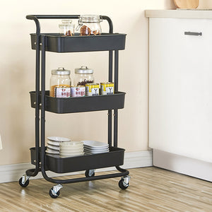 SOGA 3 Tier Steel Black Movable Kitchen Cart Multi-Functional Shelves Storage Organizer with Wheels