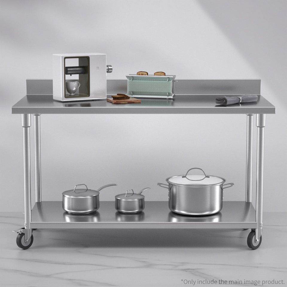 SOGA 150cm Commercial Catering Kitchen Stainless Steel Prep Work Bench Table with Backsplash and Caster Wheels