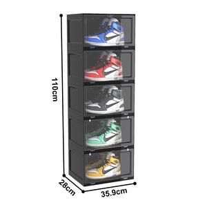 SOGA 2X 5 Tier Black Portable Shoe Organiser Sneaker Footwear Folding Plastic Bin Stackable Storage Box with Magnetic Door