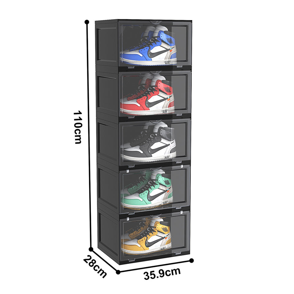 SOGA 2X 5 Tier Black Portable Shoe Organiser Sneaker Footwear Folding Plastic Bin Stackable Storage Box with Magnetic Door