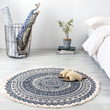 SOGA Black Carpet Soft Linen Bohemian Non-Slip Floor Retro Minimalist Round Rug Home Decor with Tassels