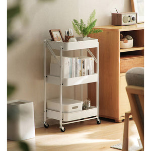 SOGA 3 Tier Steel White Foldable Kitchen Cart Multi-Functional Shelves Storage Organizer with Wheels