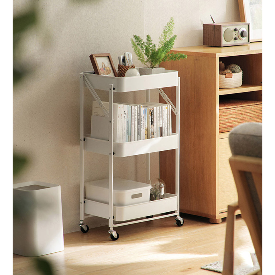 SOGA 3 Tier Steel White Foldable Kitchen Cart Multi-Functional Shelves Storage Organizer with Wheels