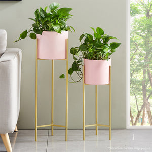 SOGA 2 Layer 42cm Gold Metal Plant Stand with Pink Flower Pot Holder Corner Shelving Rack Indoor Display