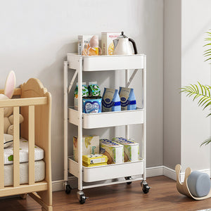 SOGA 3 Tier Steel White Foldable Kitchen Cart Multi-Functional Shelves Storage Organizer with Wheels